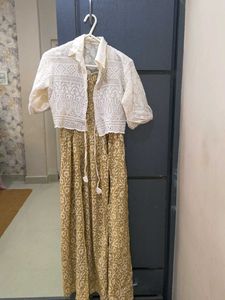 Floral Print Sundress with chikankari overcoat