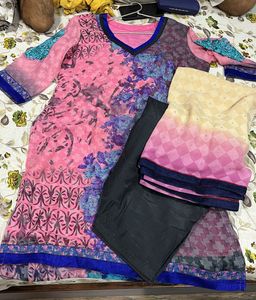 Pink And Blue Kurta Dupatta Set