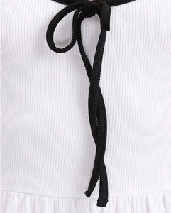 White Contrast Trim Tie-Up Ribbed Jumpsuit