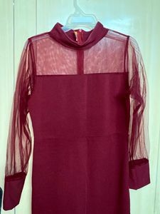 Burgundy Sheer Sleeve Midi Dress