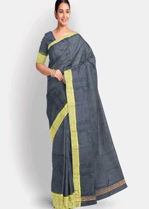 Elegant Handloom Saree - Gray &amp; Yellow