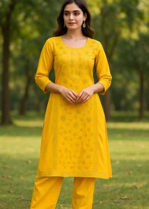 Golden Yellow Embroidered Kurti Set Xl
