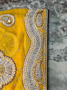 Elegant Yellow 🤩Embroidered pearl Saree💥
