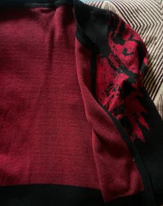 Black Button Down Sweater, Red Rose Print Detail