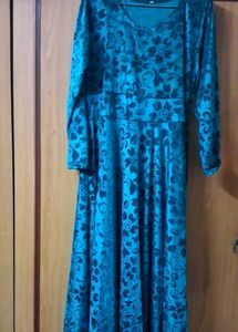 Vintage Teal Floral Velvet Dress