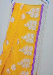 Yellow Color White Embroidery Flower Dupatta