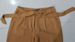Mustard Brown Formal Trousers With Inbuilt Belt