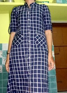 Navy &amp; White Checked Button-Down Dress