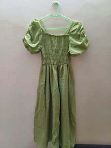 Green Puff Sleeve Midi Dress