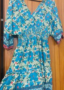 Blue Floral Print Bohemian Dress