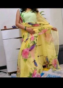 Lemon Yellow Digital Print Organza Saree