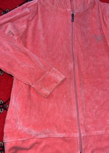 Coral Velour Zip-Up Hoodie