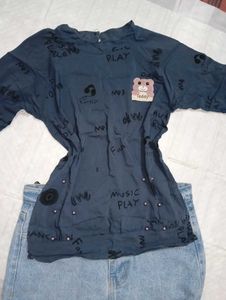 Printed A Line Navy Blue Top