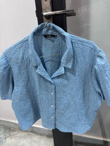 Blue Textured Puff Sleeve Crop top