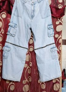 Zip Detail Wide Leg Cargo Jeans