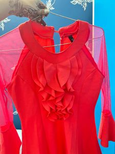 Dark Pink Fit &amp; Flare Dress with Sheer Sleeves