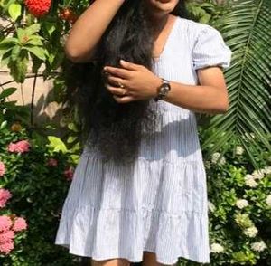 Light Blue Striped Puff Sleeve Mini Dress – Size S