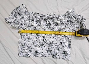White Ditsy Print  Satin Frill Bardot Crop Top