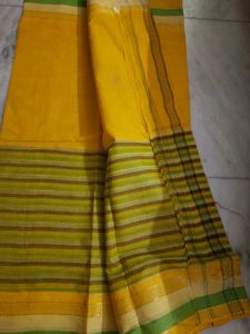 Woven Tant Cotton Yellow &amp; Green Striped Saree