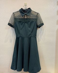 Green Polka Dot Sheer Panel Fit &amp; Flare Dress