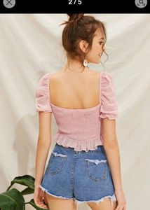 SHEIN Swiss Dot Ruffle Hem Shirred Top