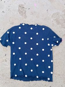 Navy Polka Dot Ruffle Trim Tee