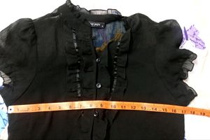 Black Semi Sheer Button Up Ruffle Top