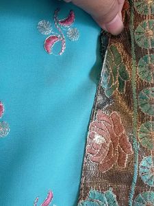 Teal Embroidered Saree Without blouse