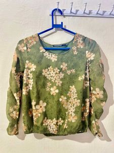 Olive Green & Beige Floral Georgette Blouson Top