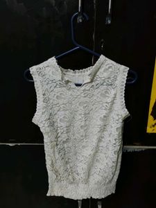 Cream Lace Pleated Tank Top