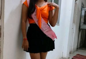 Peach Tie-Front Top And Skirt Set