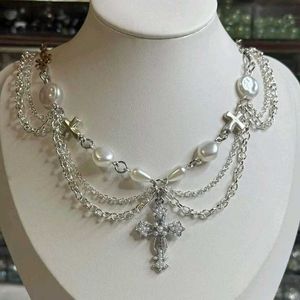 Layered Pearl Cross Necklace