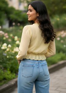 Chic Yellow Ruffle Front top | Swiss Dot Sheer Lon