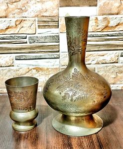 Vintage Etched Brass Vase and Cup Set