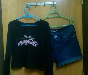 Top and denim shorts