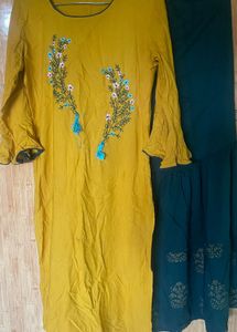 Yellow And Green Kurta Set With Flair Plazzo
