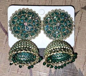 Emerald Green And Pink Jhumka Earrings