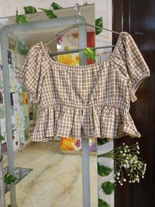 Women’s Brown Gingham Check Peplum Crop Top