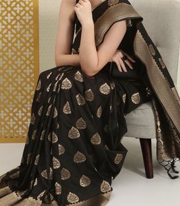 House of Pataudi Black &amp; Gold Silk Banarasi Saree