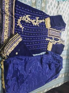 Elegant Blue & Gold Embroidered Plazoo Kameez Set