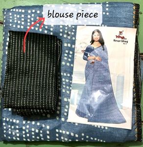 Blue Printed Saree with Blouse Piece