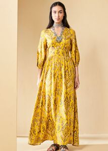 GLOBAL DESIYellow Printed-Graphic Full Length Dres