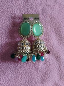 Vibrant Jhumka Earrings with Green Stone &amp; Drops