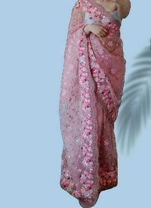 Pink Floral And Sequin Embroidered Designer Saree