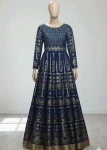 Blue Round Neck Embellished Mughal Gown