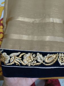 Golden Colour Saree With Blue Colour Velvet Border