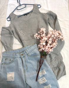 🎁Buy1 Get1 Free Gray Distressed Shoulder Dress