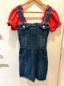 Red Eyelet Puff Sleeve Crop Top And Denim Dress