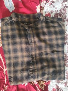 Brown Checkered Mandarin Collar Shirt