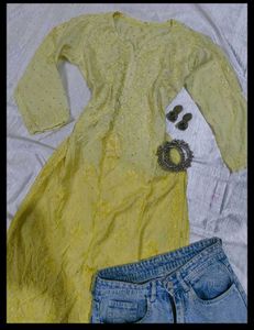 Yellow Embroidered Chinakri  Kurti